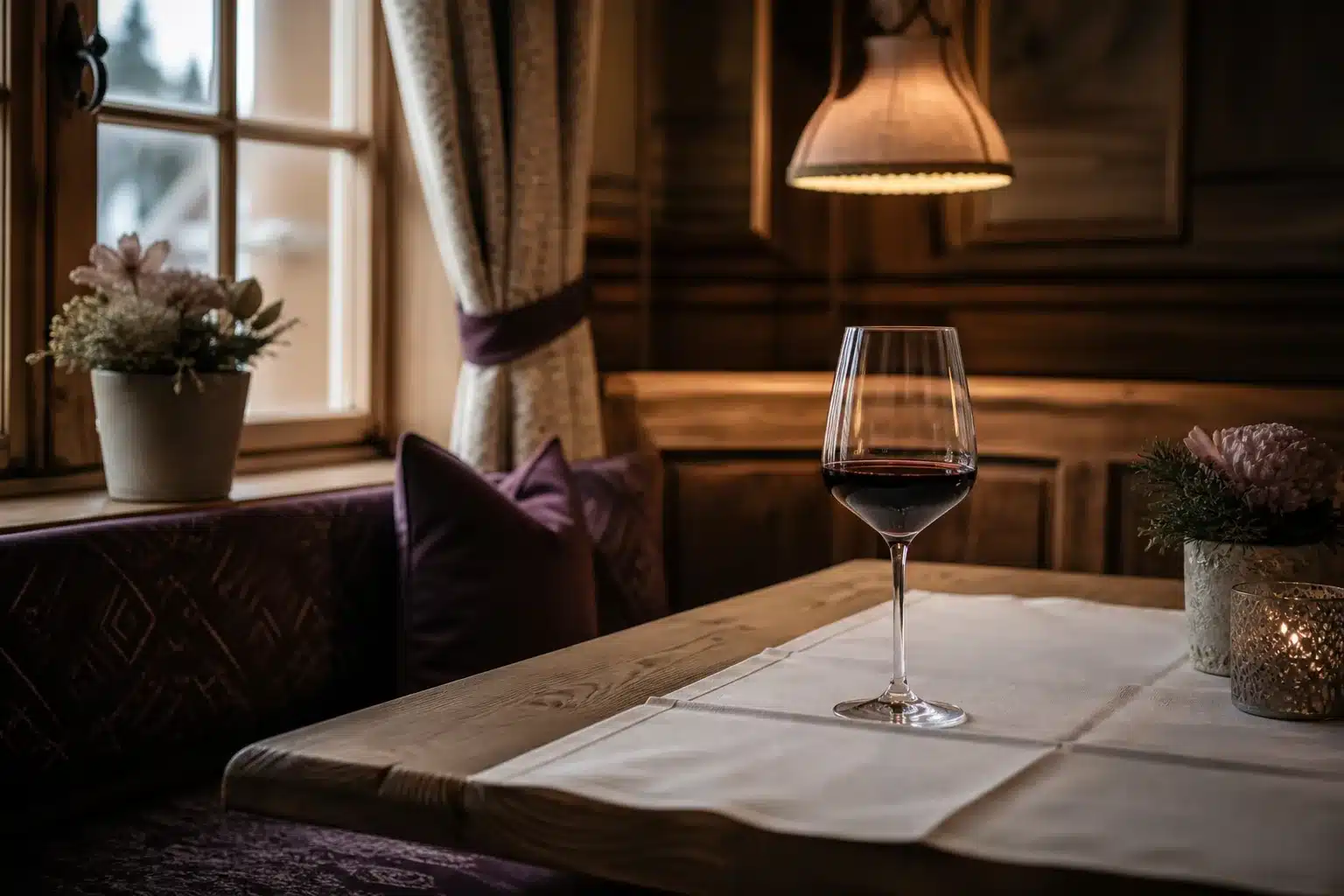 St. Anton am Arlberg Village Guide: What to Explore in Every Season 4 Cosy village bistro corner in warm lamplight with a glass of local red wine on a wooden table
